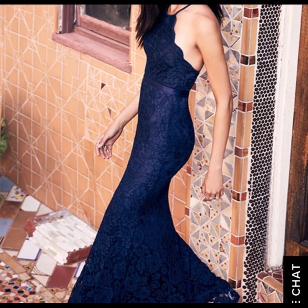 Long formal navy lace dress